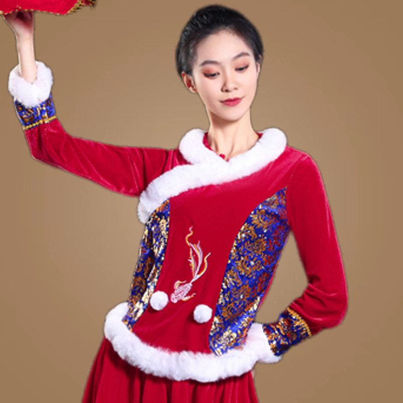 广场舞服装新款上衣正月元旦演出服金丝绒喜庆婚宴秧歌腰鼓舞上衣