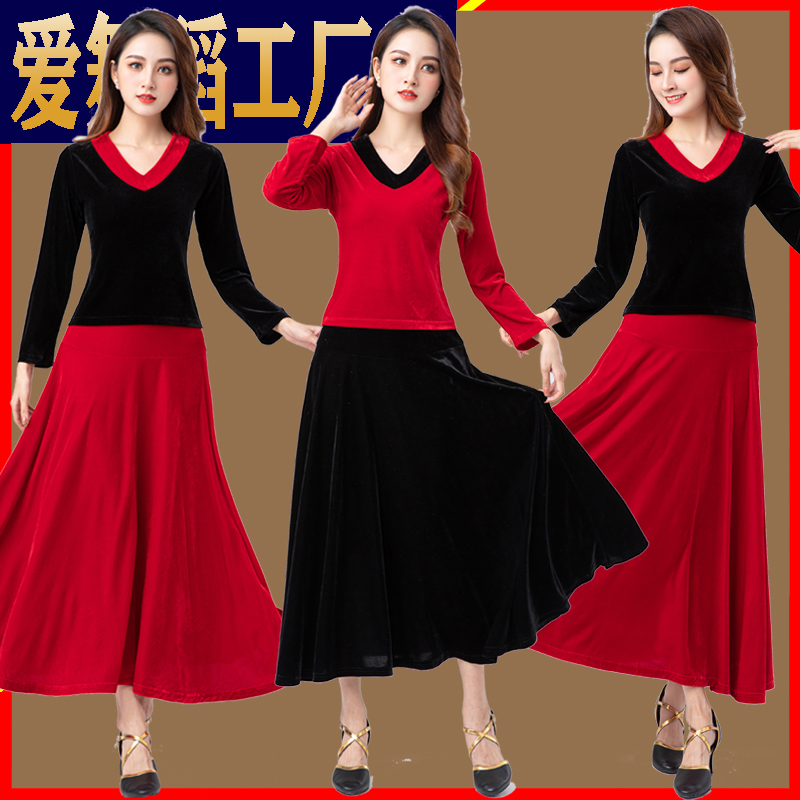 广场舞服装新款套装秋冬金丝绒跳舞长裙中老年演出表演舞蹈服装女