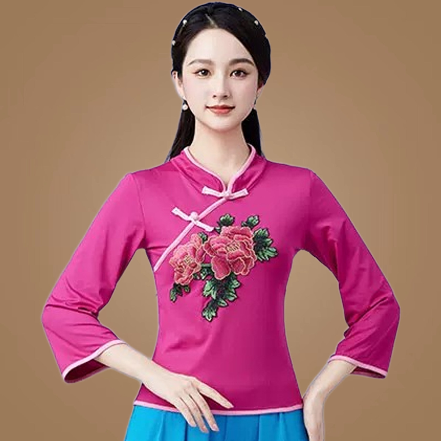 广场舞新款上衣立领秧歌服打鼓服牛奶丝民族舞蹈服女跳舞演出服女