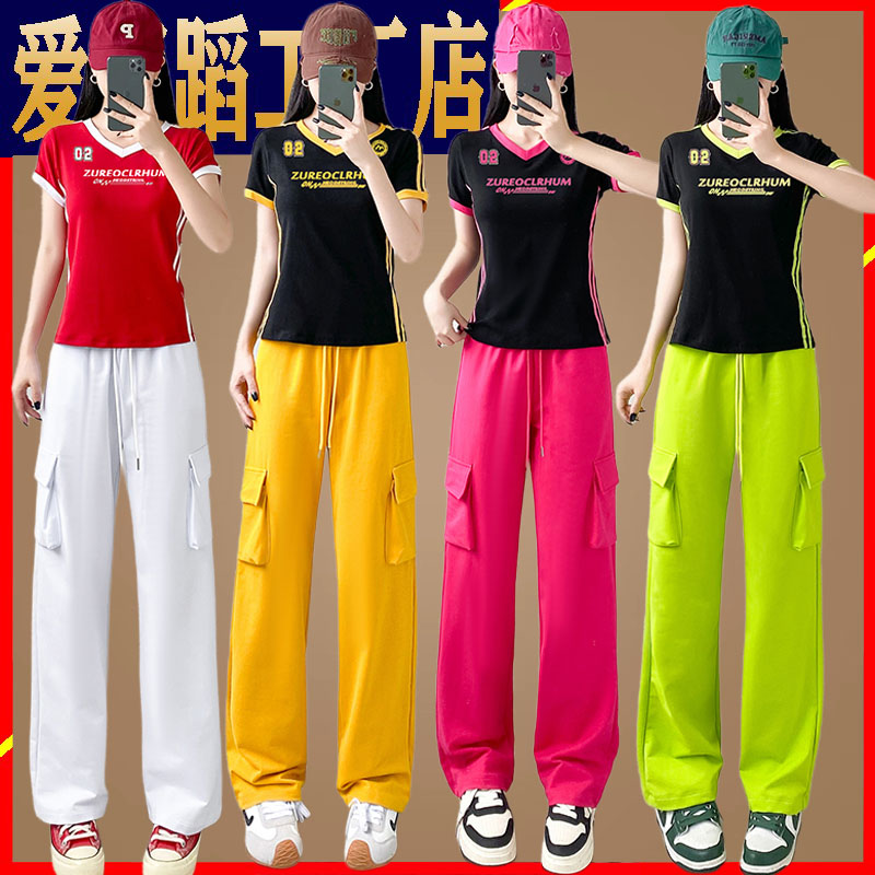 广场舞服装新款套装夏季V领短袖上衣时尚工装裤套装健身操舞蹈服