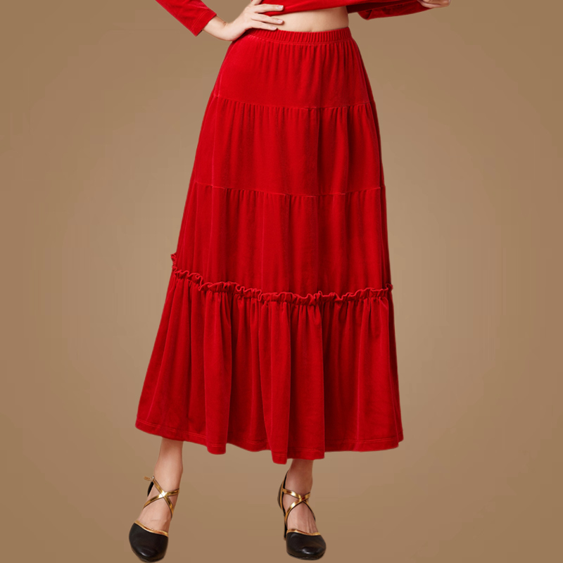 金丝绒半身裙子春秋冬舞蹈长裙时尚百搭中老年跳舞裙子表演出服装