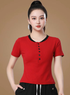夏季广场舞服装新款圆领排扣百搭短袖T恤女时尚显瘦舞蹈上衣棉女