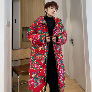 中长款棉衣外套东北大花中国风棉服男女宽松保暖防寒连帽棉袄子男