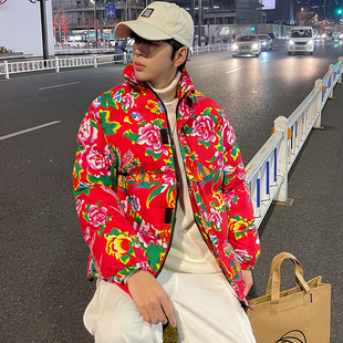 东北大花棉袄男款冬季国潮大码棉衣外套牡丹花面包服过年喜庆棉服