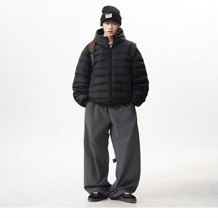 黑色美式连帽排骨羽绒服男冬季短款轻薄cleanfit户外保暖运动外套