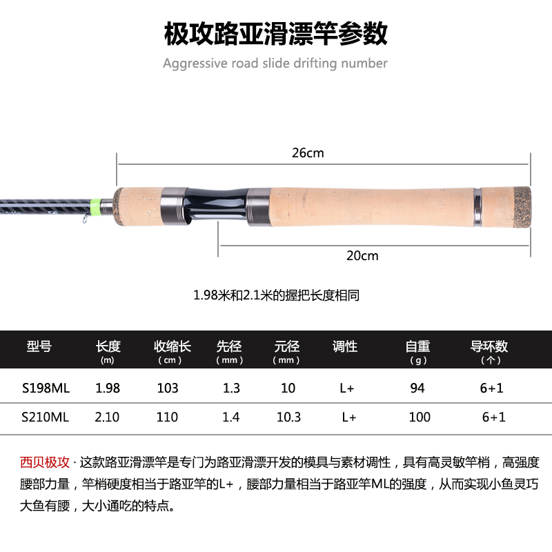 西贝极攻超轻路亚滑漂竿专用大导环1.98/2.1米L+硬度快调远投杆