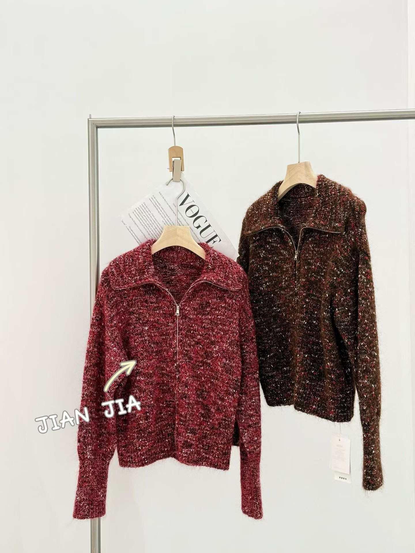 欧货25新款羊毛马海毛混纺花纱大翻领针织开衫女宽松休闲毛衣外套