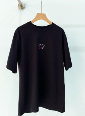 欧洲站2025夏季新款黑色米奇刺绣印花短袖t恤女宽松大码纯棉上衣