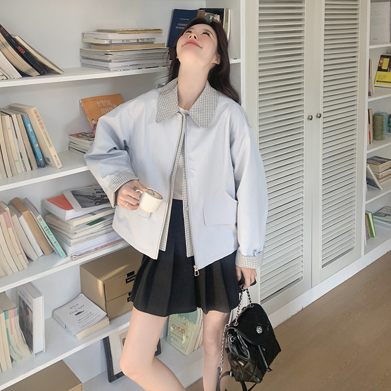 浅蓝色可盐可甜假两件显瘦夹克上衣女早春新款小个子休闲短款外套,女装短外套,浙宝176（原073）