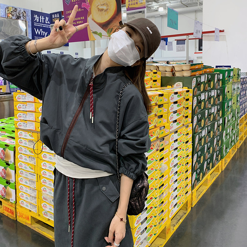 灰色休闲运动搭配一整套女2025早春新款设计感时尚夹克工装半身裙,女装套装/套裙,浙宝176（原073）