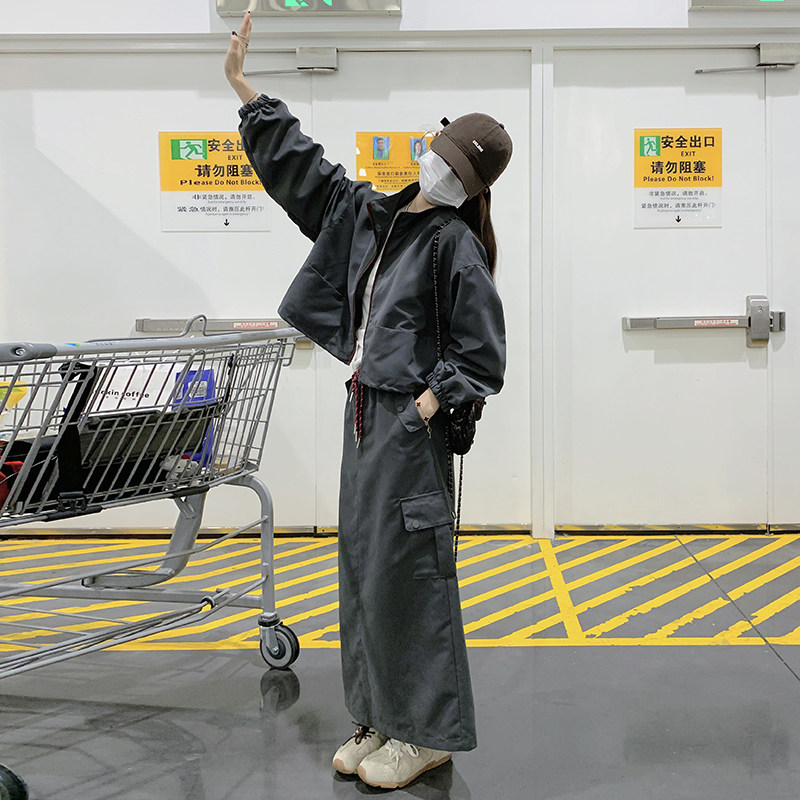 灰色休闲运动搭配一整套女2025早春新款设计感时尚夹克工装半身裙，女装套装/套裙，浙宝176（原073）