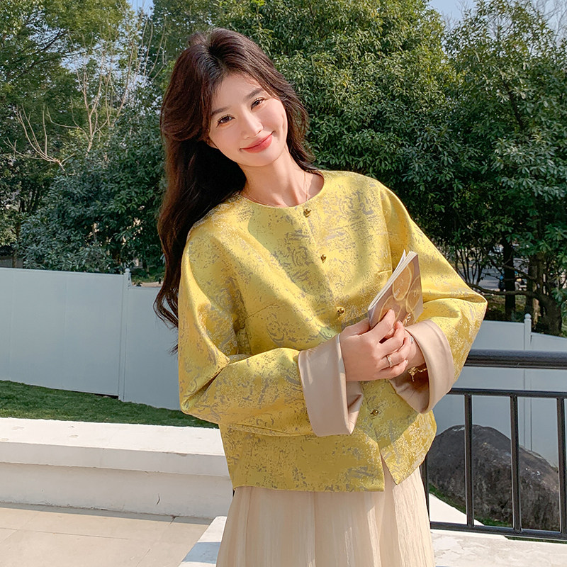 新中式女装外套2025年新款中国风高级感老钱风黄色提花中式上衣，女装短外套，浙宝176（原073）