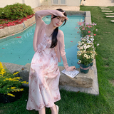 超好看粉色碎花吊带裙裙女夏新款茶歇针织外套连衣裙，女装连衣裙，浙宝176（原073）