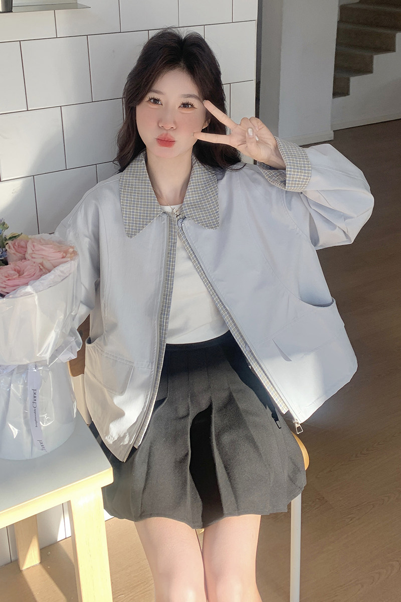 浅蓝色可盐可甜假两件显瘦夹克上衣女早春新款小个子休闲短款外套,女装短外套,浙宝176（原073）