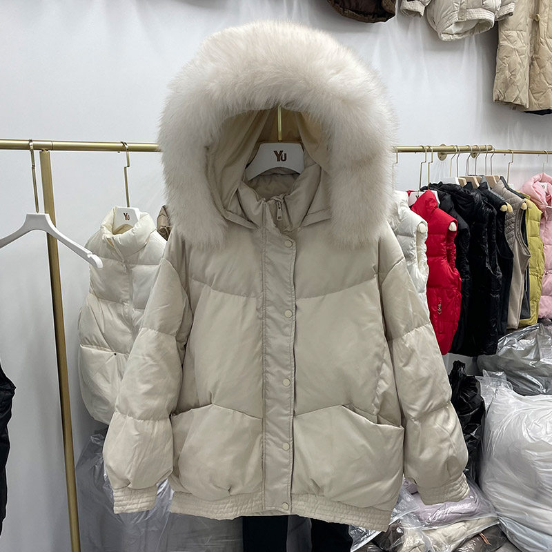 网红同款2023冬新款羽绒服女短款真毛领韩版宽松大码胖mm外套潮in