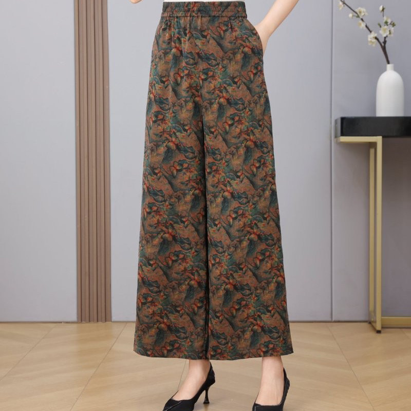 香云纱阔腿裤女休闲裤子女士夏季真丝花色长裤妈妈时尚桑蚕丝裙裤