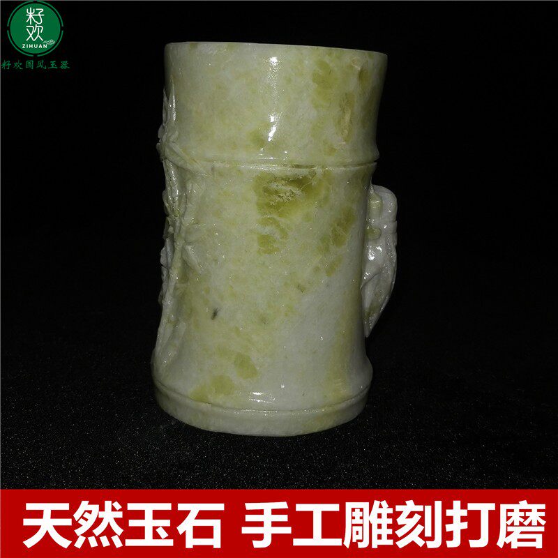 天然蓝田玉雕步步高升竹节玉石毛笔笔筒送老师精致办公室高档摆件