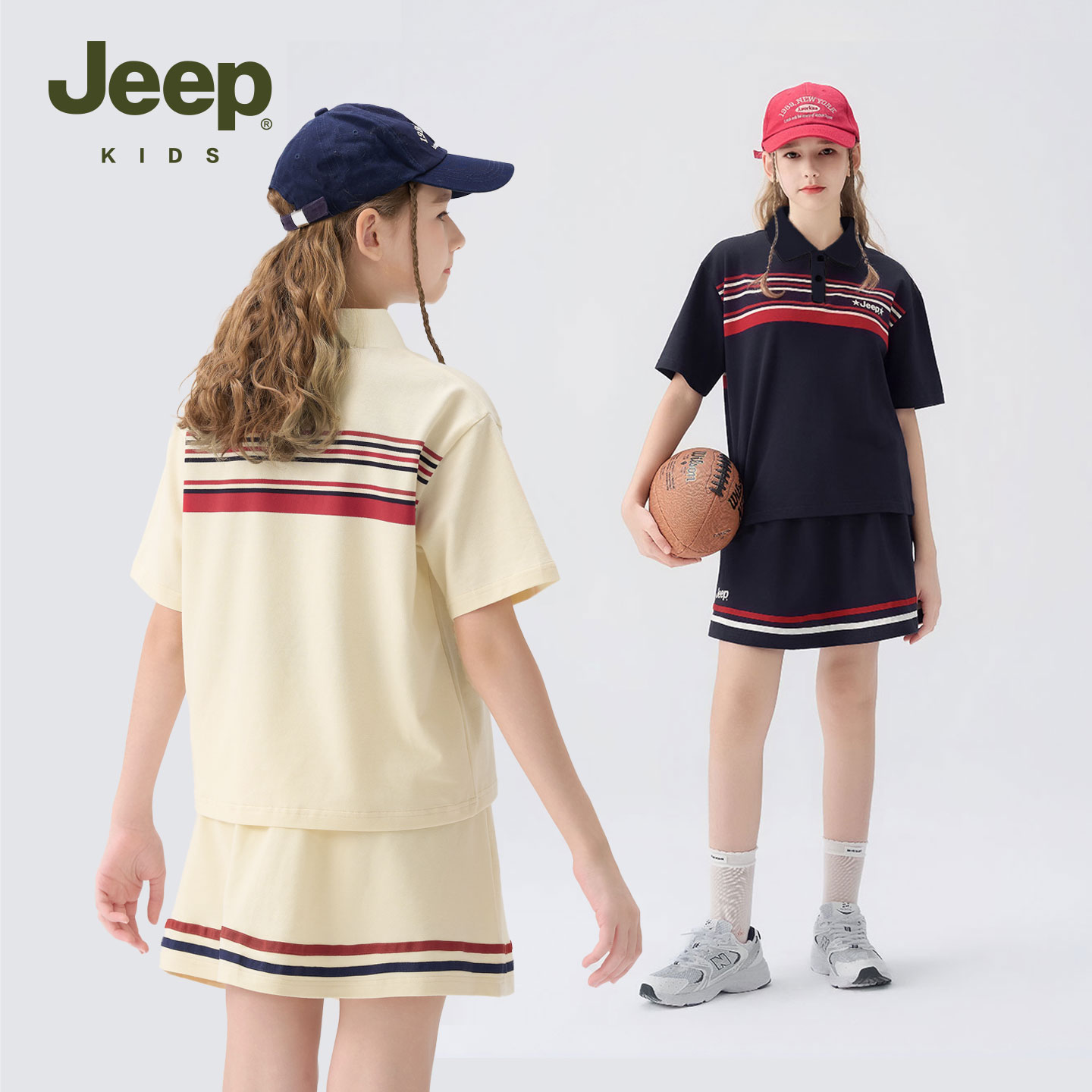 Jeep吉普女童夏季25新款棒球服套装轻薄透气青少年短袖短裤两件套