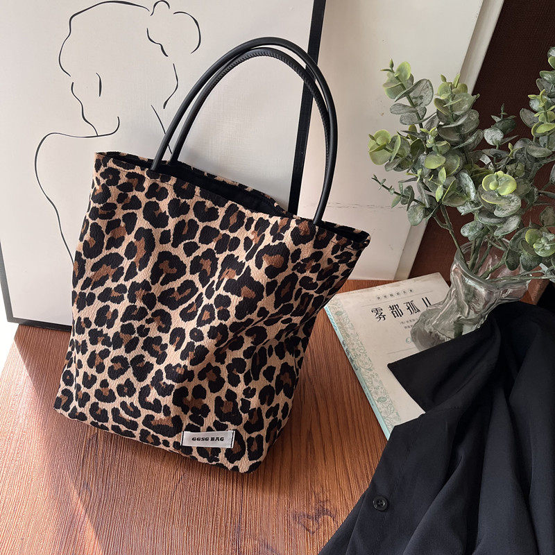 GGSG BAG 原创小众PU带手提包棉麻豹纹小号托特包手拎妈咪布袋子