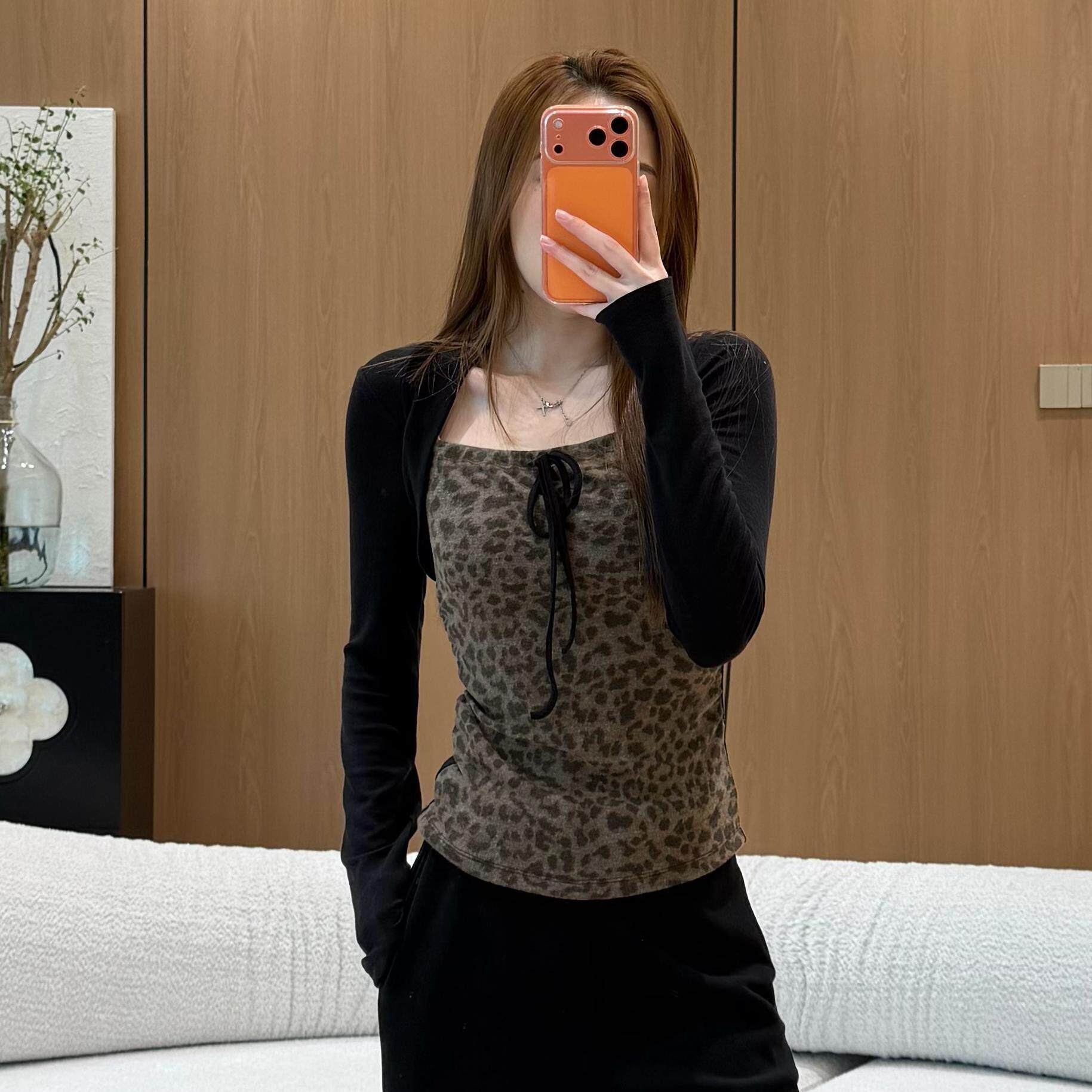 Anne Rose韩系辣妹风拼接豹纹长袖羊毛方领抽绳收腰假两件t恤女