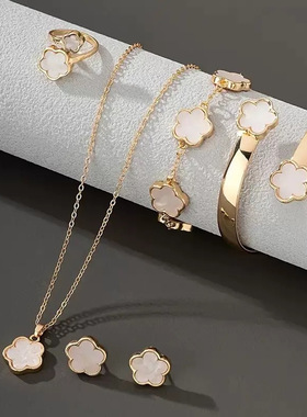 Petal necklace ring earring bracelet 5-piece set五瓣花五件套
