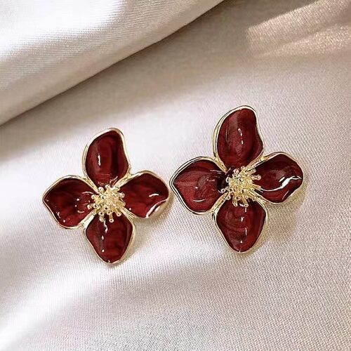 Four-leaf clover earrings气质四叶草滴油耳钉洛神花立体耳环感