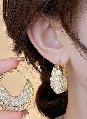 Fine grid earrings轻奢闪钻细网格耳钉女小众设计感耳环圆圈夸张