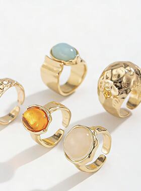 Gemstone ring个性不规则造型潮流花朵指环简约开口叠戴女戒指