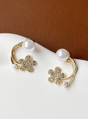 Flower Pearl Earrings合金小众设计感花朵耳环轻奢两戴款小耳钉