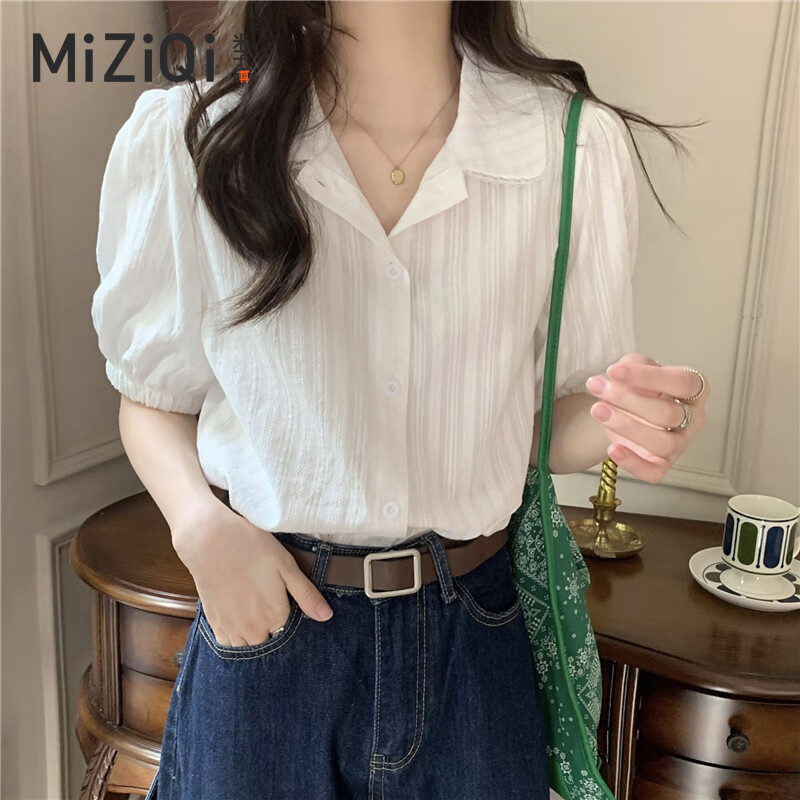 米子旗法式简约衬衫女夏季设计感小众蕾丝花边娃娃领别致短袖上衣