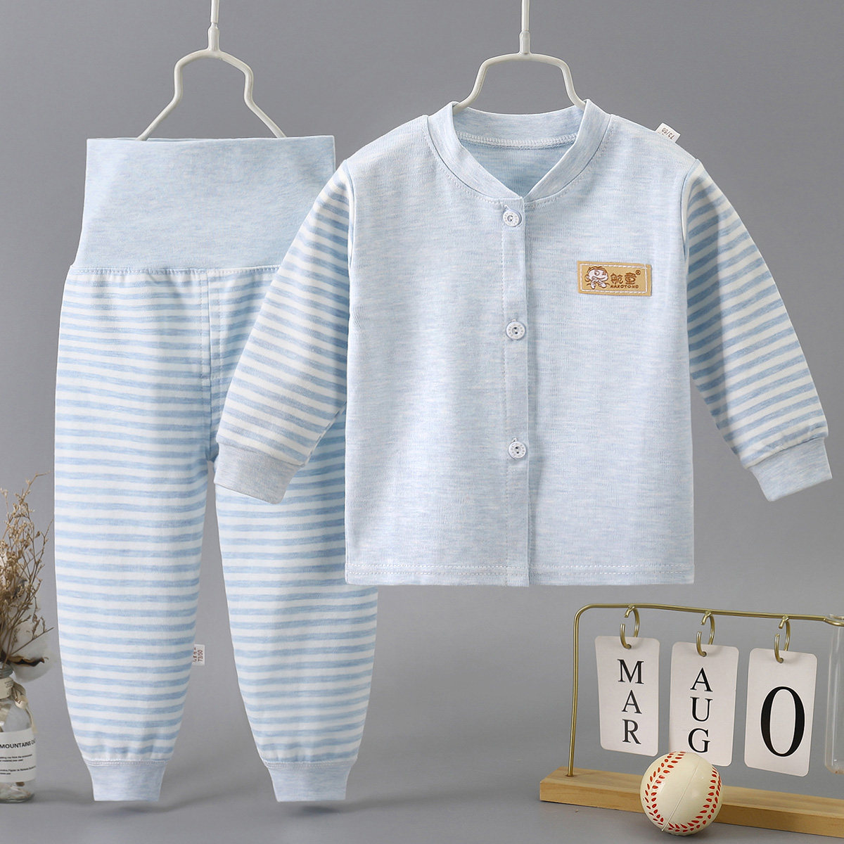 thumbnail for Children's high-waisted underwear set, colored cotton pajamas for boys and girls, baby spring and autumn baby cardigans, autumn clothes, autumn pants, home clothes