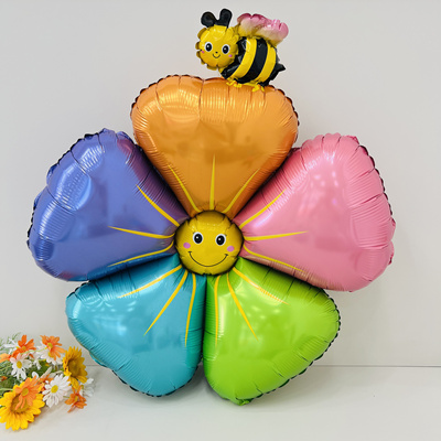 80cm大号蜜蜂笑脸五瓣花朵五彩花彩色雏菊铝膜气球 生日装饰布置