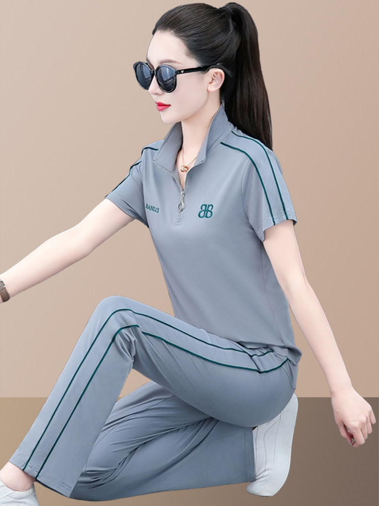 休闲运动服套装女夏季新款时尚立领轻薄款冰丝短袖洋气跑步两件套