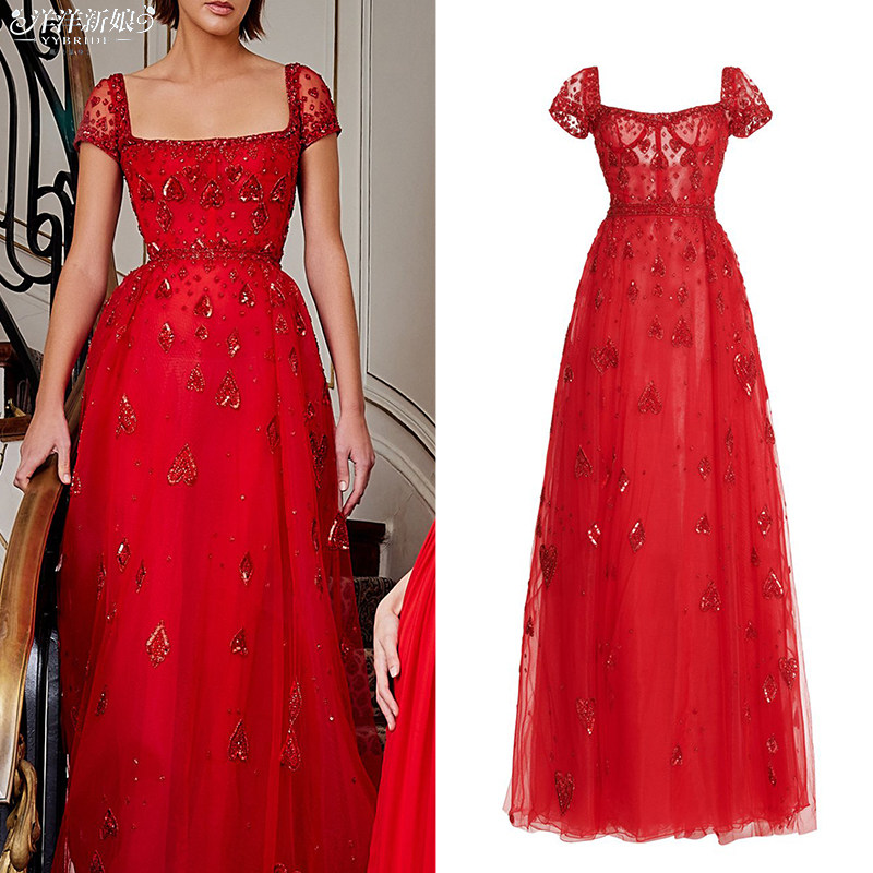 显瘦方领结婚敬酒服订婚长礼服图片