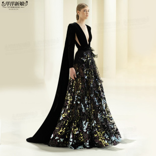 敬酒服迎宾裙2023新款 披肩仙裙显瘦V领生日宴酒会舞会年会长礼服