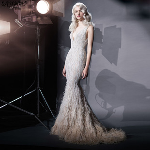 结婚敬酒服2023新款 鱼尾显瘦羽毛礼裙名媛生日宴年会舞会礼服 法式