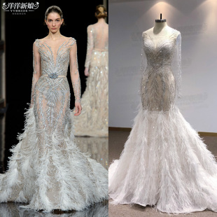 新娘结婚敬酒服2023新款 显瘦羽毛鱼尾裙订婚生日宴年会晚礼服长款