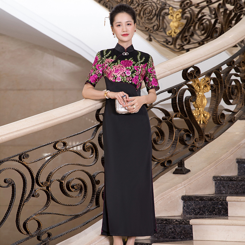 多丽琦新款显瘦连衣裙优雅气质宴会礼服裙高端刺绣旗袍中国风夏季
