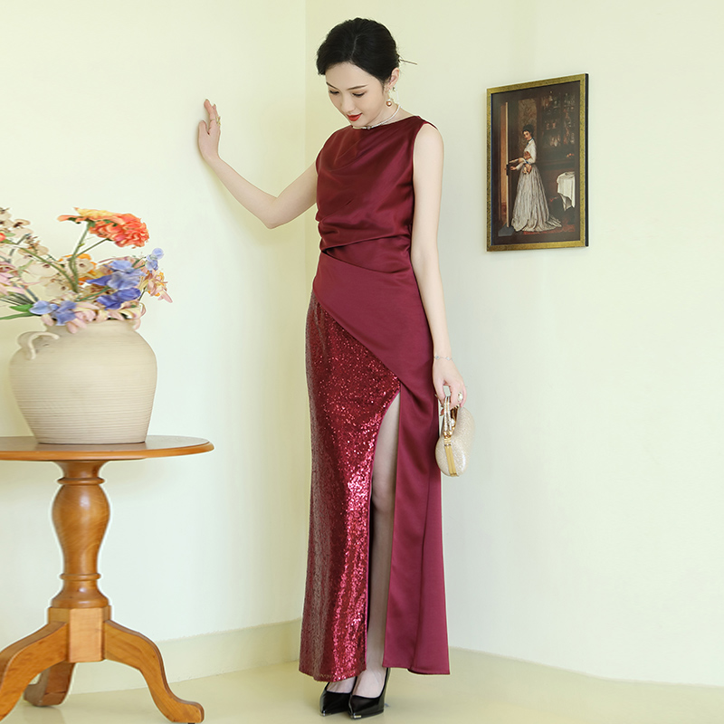 多丽琦新款连衣裙喜庆红色喜婆婆婚宴装生日礼服裙显年轻日常可穿