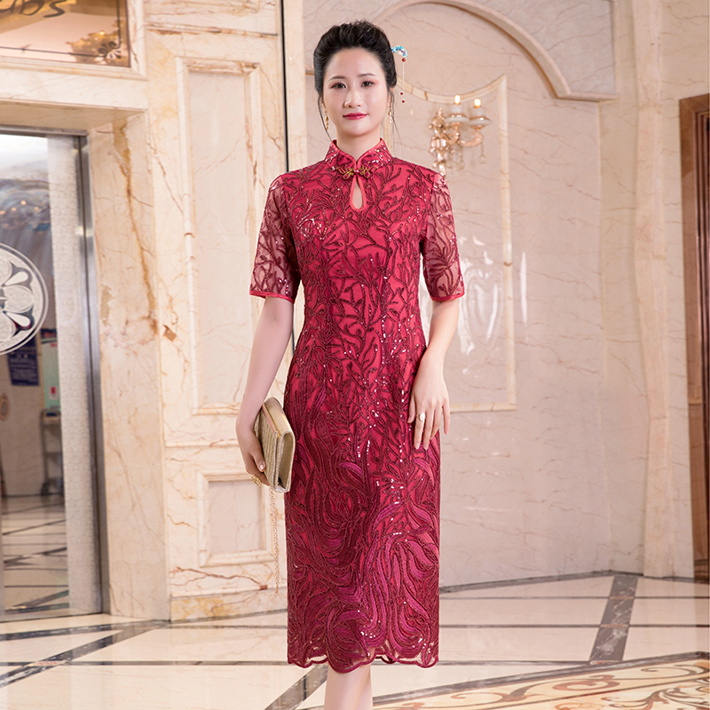 企业店新款改良旗袍裙喜妈妈红色婚宴礼服裙复古简约显瘦日常可穿