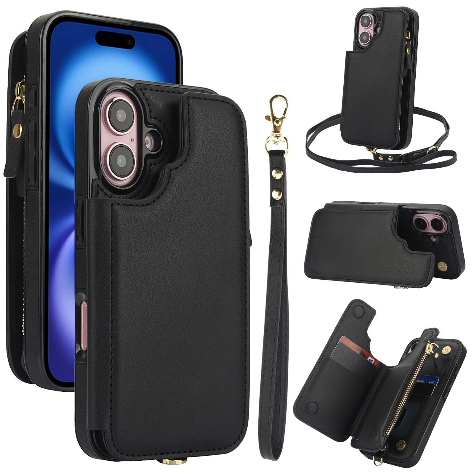 适用苹果16E手机壳斜挎包带挂绳iphone15Pro max双翻盖拉链17零钱卡包14plus插卡皮套13可支架长短绳
