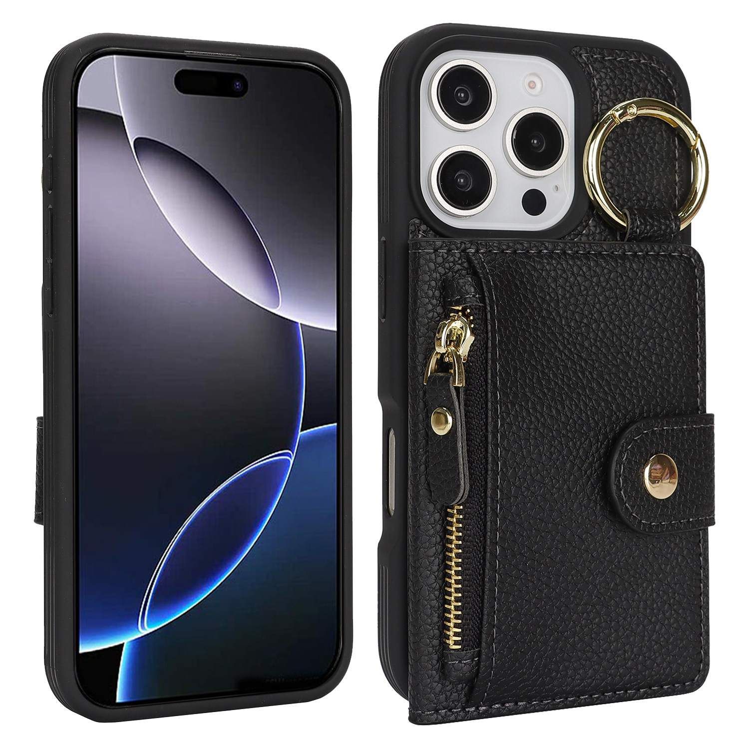 适用iphone16手机壳苹果15pro Max零钱包手机指环扣插卡皮套14plus拉链卡包可支架13保护壳
