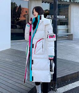 2023羽绒服冬季明星同款免洗白鸭外套中长款过膝宽松连帽加厚拼接