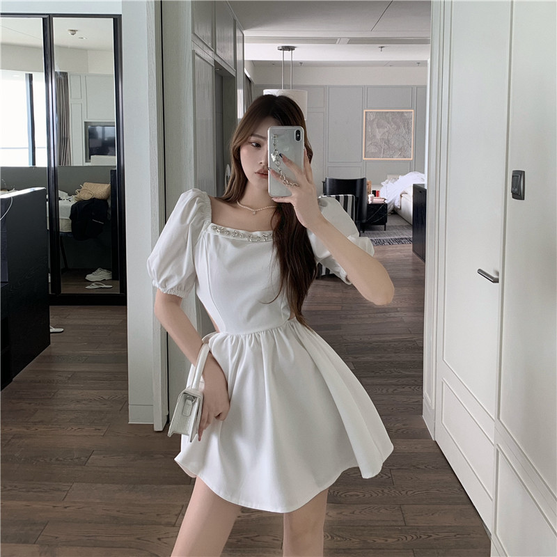 Real price real shot French Korean version Xinji one line collar two wear diamond A-line skirt bubble sleeve waist flower bud dress