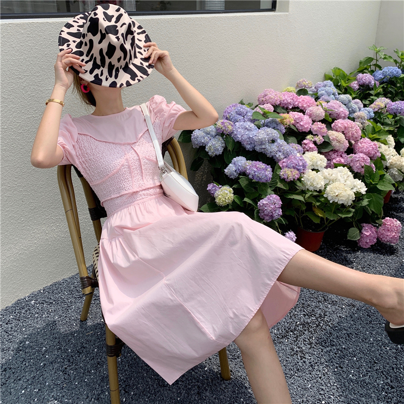 Real price real shot French bubble sleeve waist sweet dress high waist round neck word skirt princess skirt