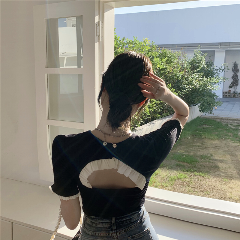 Real price, real photo, Korean version, small design, openwork, open back, wood ear, splicing, knitting, round neck, versatile fit T-shirt