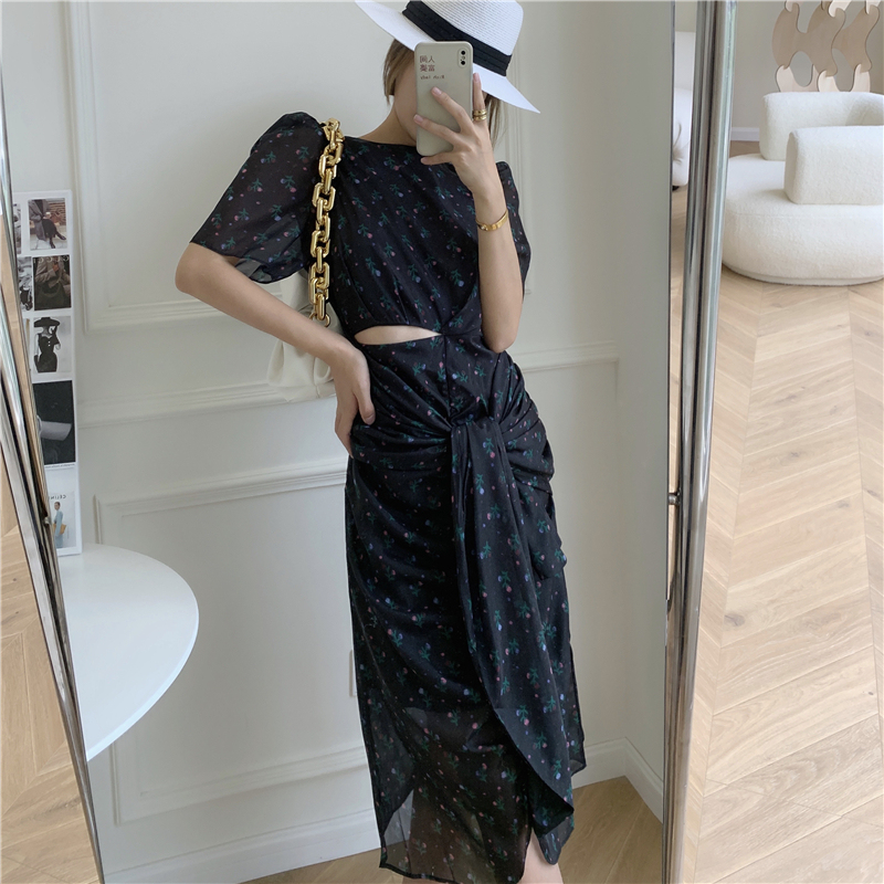Real price real shot fashion air show thin bubble sleeve irregular bandage 2021 new printed chiffon dress
