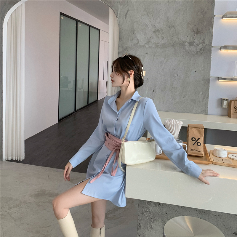 Real price shooting temperament little sister medium length color contrast waist cover long sleeve shirt skirt women's early autumn waist dress