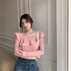 Real price real shot Korean design feeling lotus collar careful machine exposed clavicle top slim solid color T-shirt