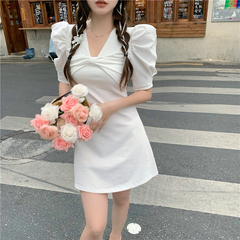 Real price real shot pleated bubble sleeve short sleeve V-neck air bow dress A-line swing skirt